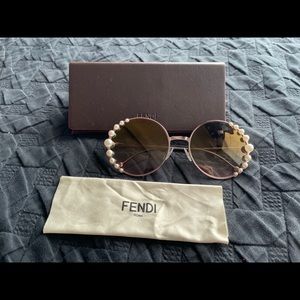 Fendi rose gold round framed sunglasses with pearl accents